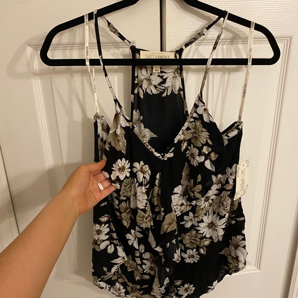 Black Floral Ruffle Front Racerback Tank Large NWT - Picture 9 of 10